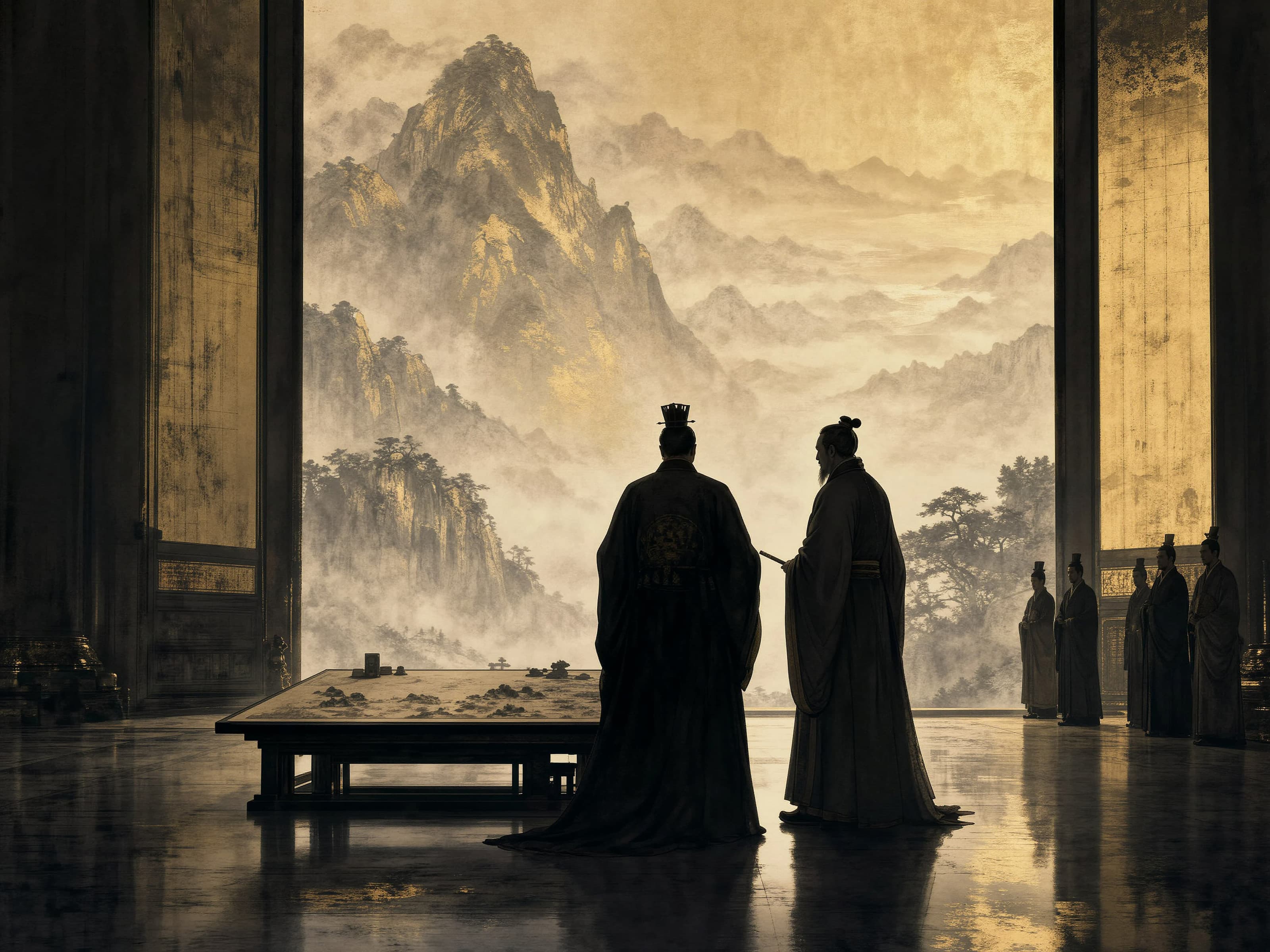 Ancient strategist advising a ruler, representing Master Lee's private executive guidance for high-stakes decisions
