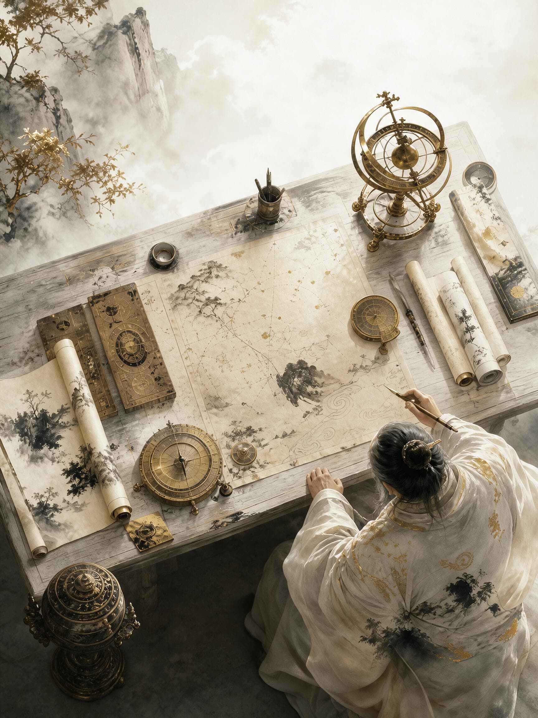 Illustration of a Qi Men Dun Jia strategist mapping timing and direction above misty mountains
