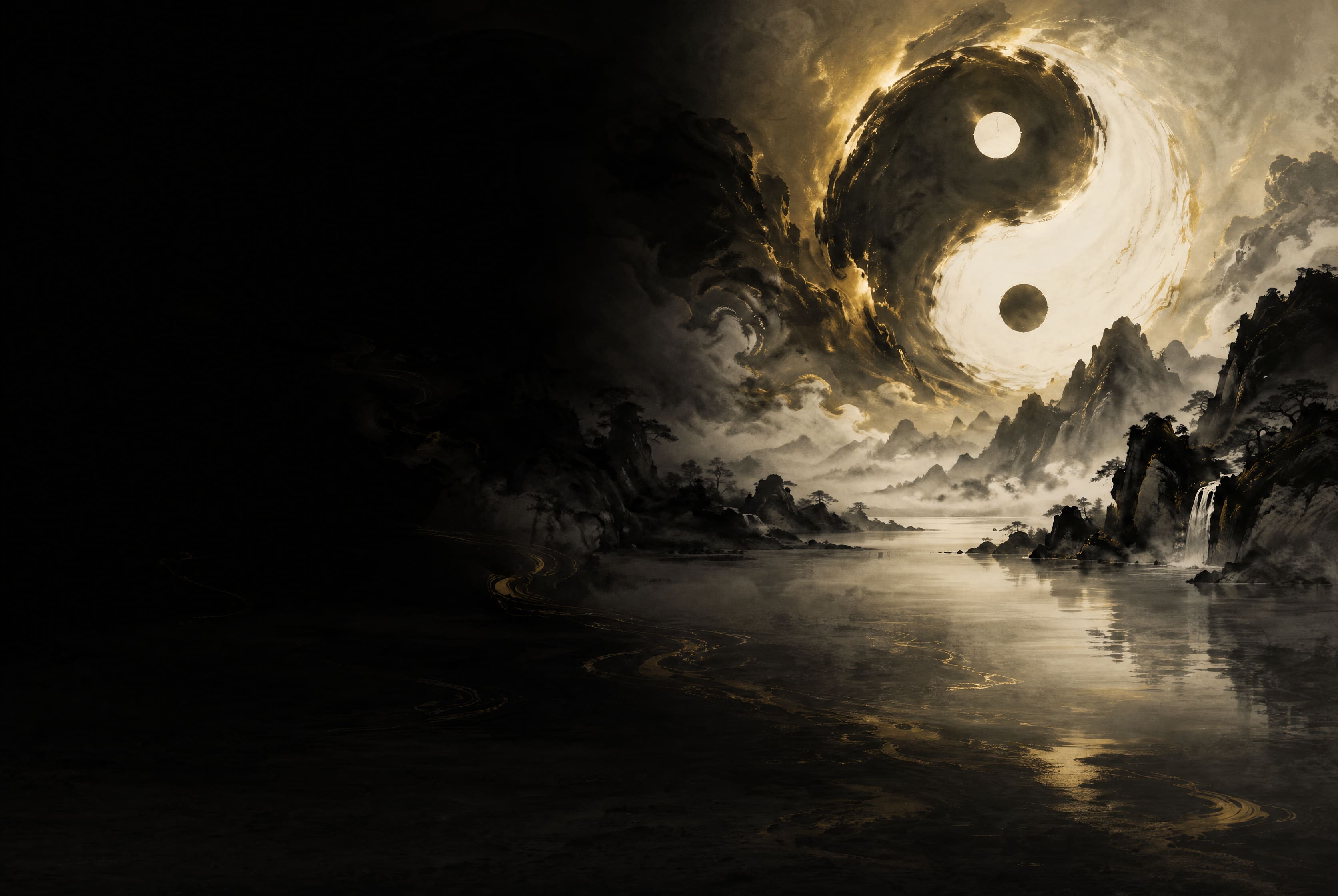 Black-and-gold yin-yang above misty mountains, representing Qi Men Dun Jia strategy