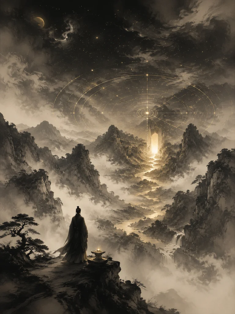 Life Architecture and Design illustration with celestial geometry above a golden mountain path