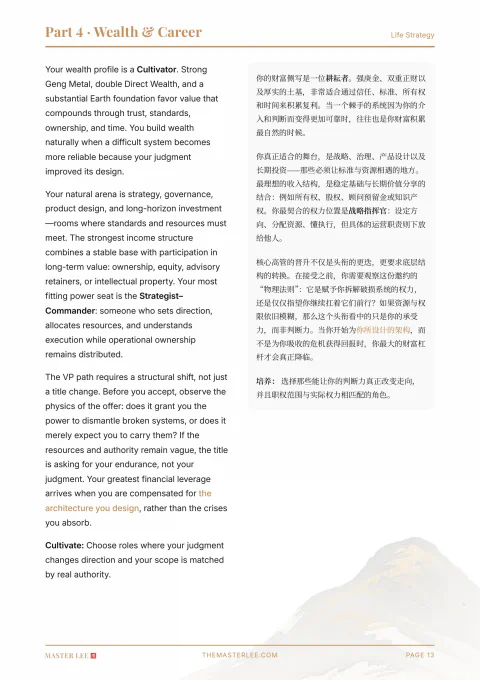 Wealth and Career analysis page 13 in a Life Architecture report
