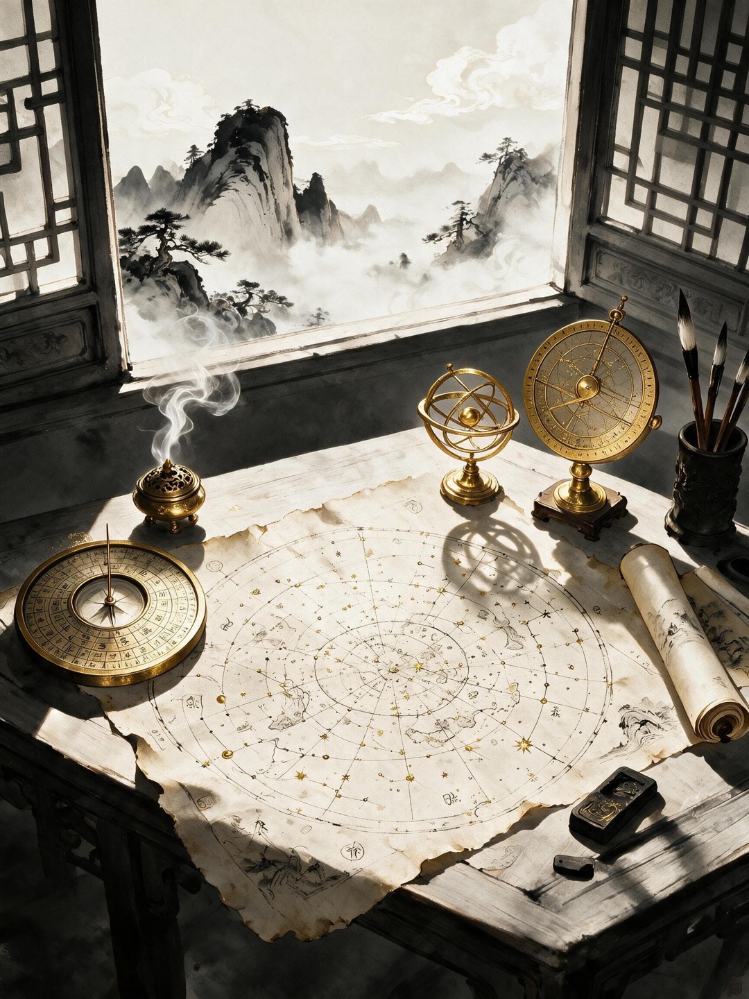 Illustration representing Qi Men Dun Jia with brass instruments, a celestial chart and misty mountains