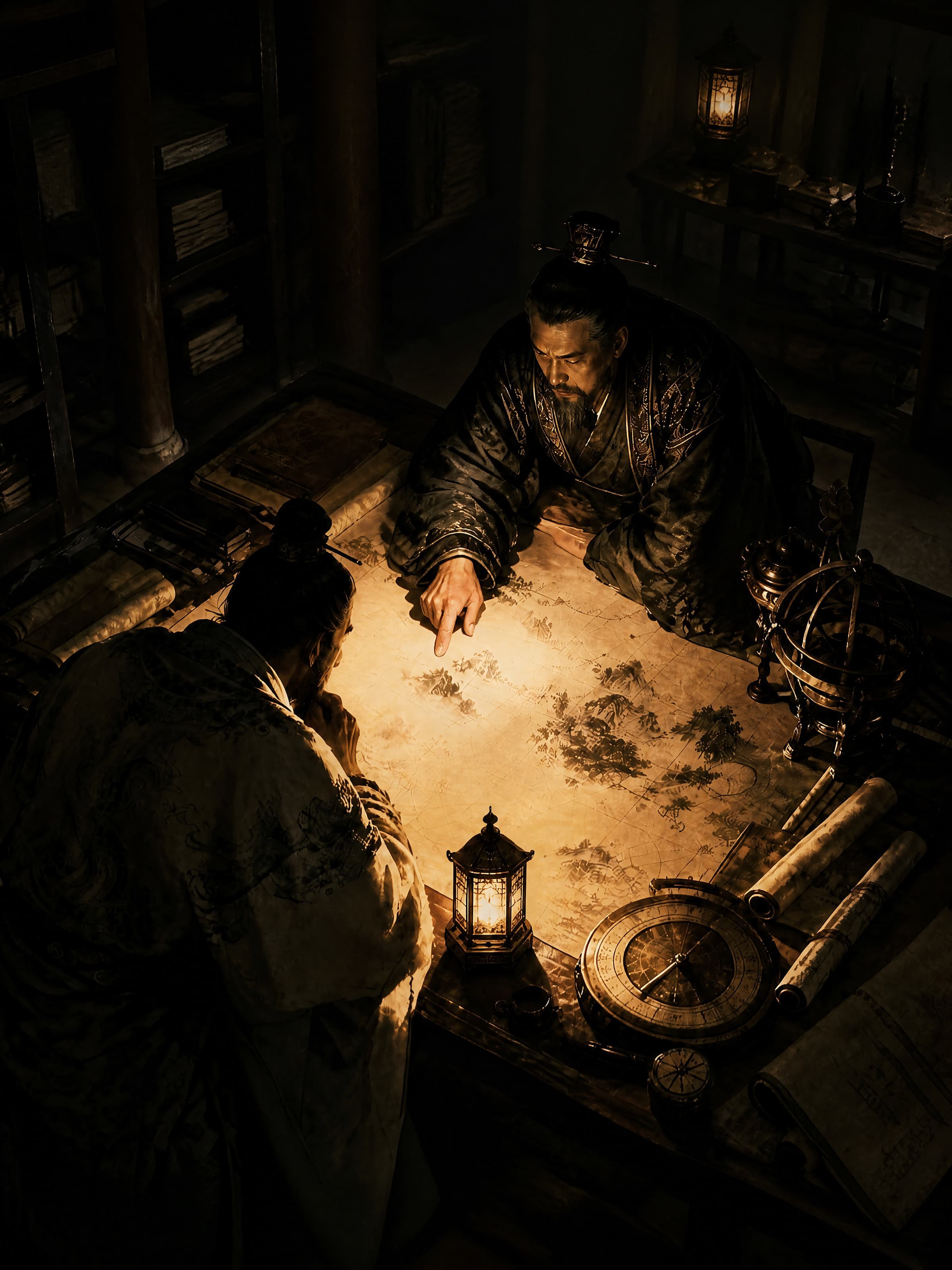 Two strategists studying a map by lamplight for the Master Lee Inner Circle